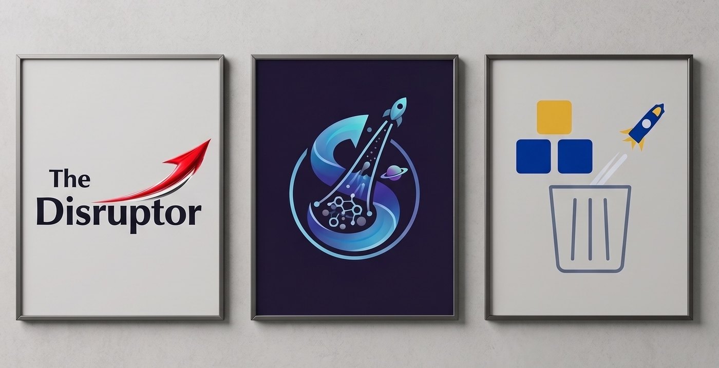 Three posters on a wall: The Disruptor, The Slingshot and Build, Bin, Boost